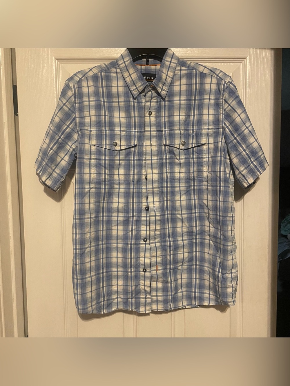 Orvis Light Blue and White Plaid Short-Sleeve Button-Down Shirt men’s medium
